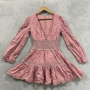 Free People Miles of Lace Mini Dress VNeck Women's 4 Pink Mauve Boho Crochet Y2K